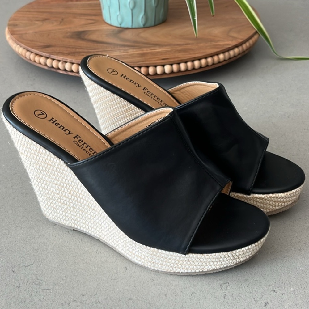 Henry Ferrera Black and Cream Wedge Sandals